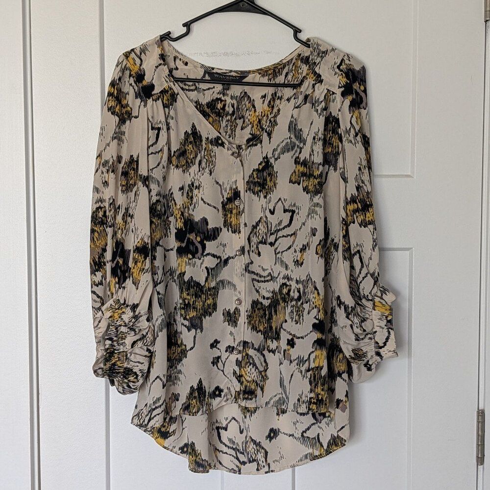 Anthropologie Waverly Grey 100% Silk Boho Abstract Floral Print Blouse Size S